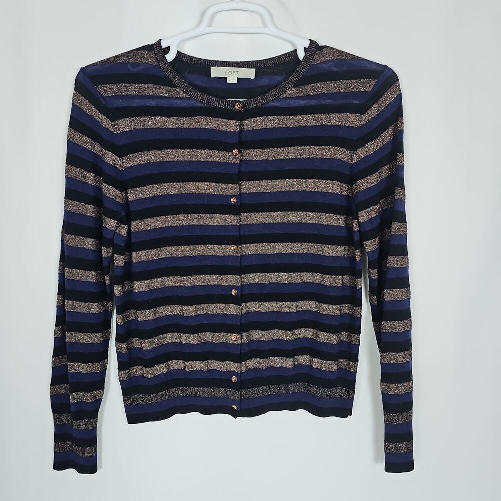 LOFT Black Navy Blue Golden Stripes Cardigan Sweater, Buttoned Closure, Size: M